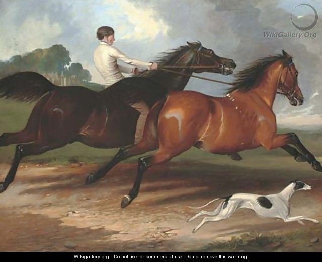 A young man exercising horses and a greyhound in a landscape, a country house beyond - (after) Alfred Dedreux