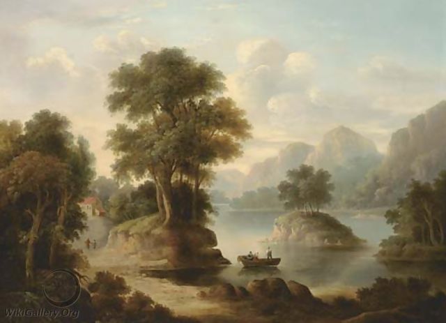 A wooded river landscape with figures in a boat - (after) Alexander Nasmyth