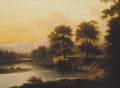A ferry crossing in a wooded river landscape with a monument beyond - (after) Alexander Nasmyth