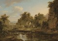 A river landscape with a watermill and an aquaduct, an artist sketching in the foreground - (after) Alexander Nasmyth