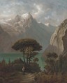 A figure on a beaten track by a lake, with mountains beyond - (after) Alexander Calame