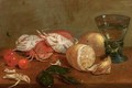 A 'roemer' of white wine, crabs, cherries and lemons on a wooden ledge - (after) Alexander Adriaenssen