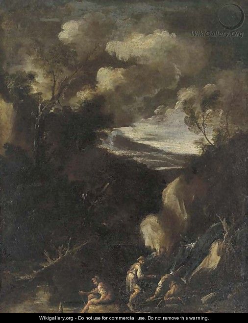 A wooded landscape with figures seated by a waterfall - (after) Alessandro Magnasco