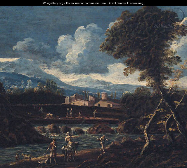 A river landscape with peasants on a track, a village and mountains beyond - (after) Alessandro Magnasco