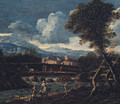 A river landscape with peasants on a track, a village and mountains beyond - (after) Alessandro Magnasco