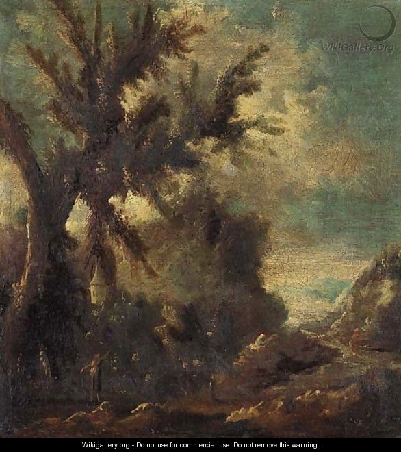 A river landscape with figures in the foreground - (after) Alessandro Magnasco