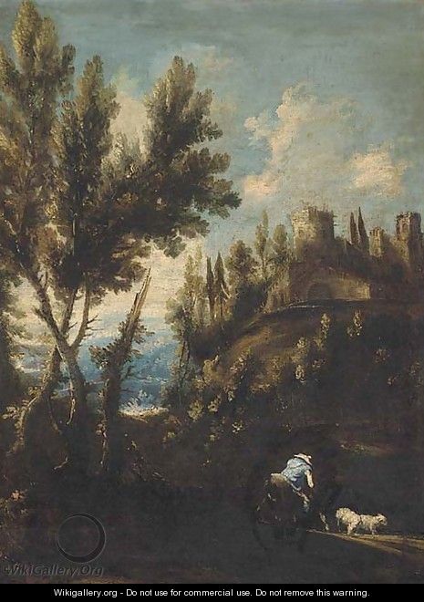 A landscape with cattle and a mounted shepherd with his flock - (after) Alessandro Magnasco