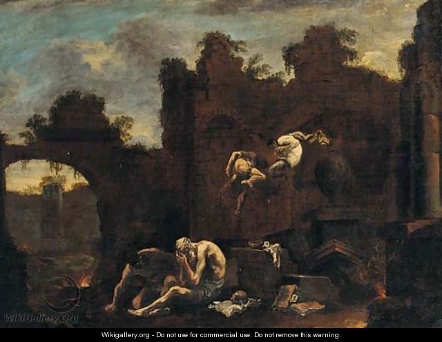 A capriccio of ruins with Saint Antohny tormented by demons - (after) Alessandro Magnasco