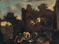 A capriccio of ruins with Saint Antohny tormented by demons - (after) Alessandro Magnasco