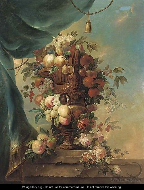 Peaches, plums, grapes, cherries and roses in a gilt urn on a ledge - (after) Anne Vallayer-Coster