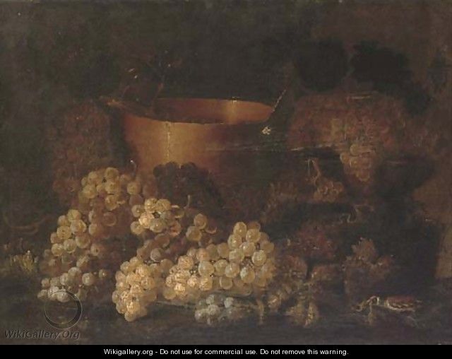 Grapes on the vine, a copper planter and a bird on a ledge - (after) Aniello Ascione