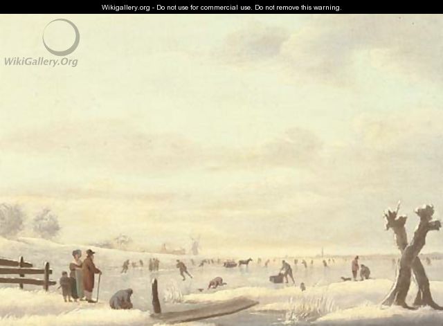 A winter landscape with skaters on a frozen river, a windmill and a town beyond - (after) Andries Vermeulen