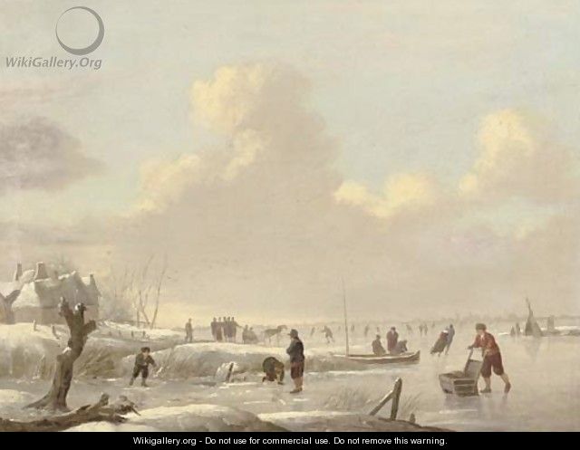 A winter landscape with skaters on a frozen river, a tent and a town beyond - (after) Andries Vermeulen