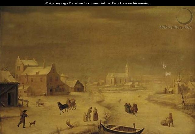 A winter landscape with burghers by a frozen river, a town beyond - (after) Andries Vermeulen