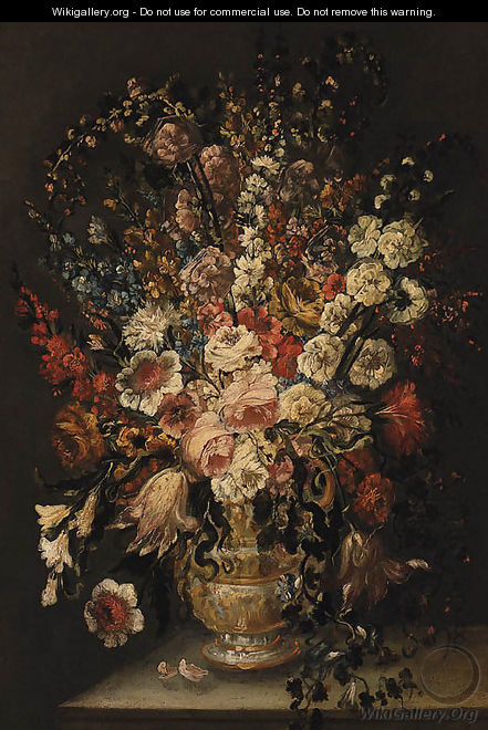 Roses, Carnations, Tulips, and other Flowers in a sculpted Urn on a Ledge - (after) Andrea Scaccati