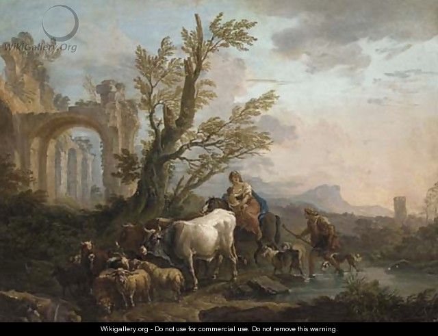 An Italianate river landscape with a peasant family travelling with his goats and cattle - (after) Andrea Locatelli