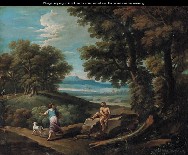 A wooded landscape with a peasant passing a resting shepherd - (after) Andrea Locatelli