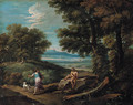 A wooded landscape with a peasant passing a resting shepherd - (after) Andrea Locatelli