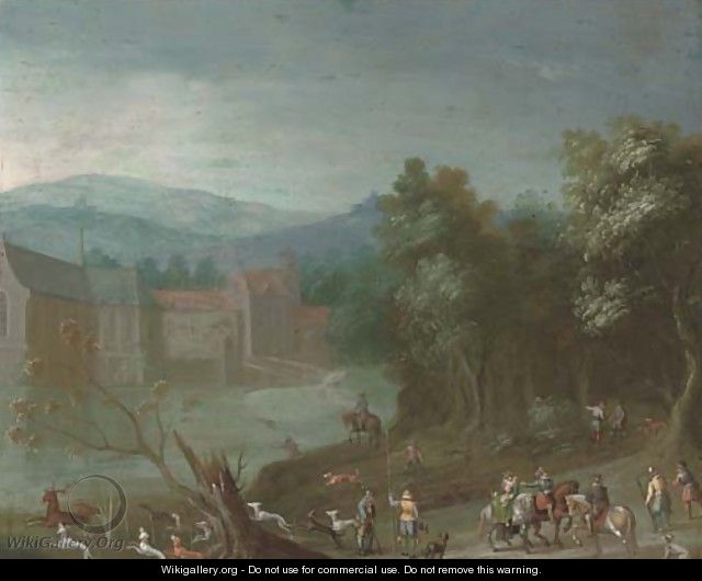 A wooded river landscape with a stag hunt, a castle beyond - (after) Anton Mirou