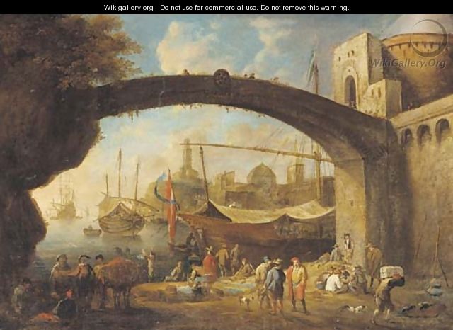 A Mediterranean harbour with traders under a bridge - (after) Anton Goubau