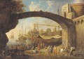 A Mediterranean harbour with traders under a bridge - (after) Anton Goubau