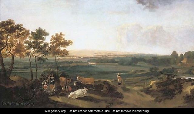 An extensive landscape with an elegant company resting, a country mansion in the distance - (after) Anthonie Van Borssom