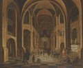 The interior of a church at night, with elegant figures in the foreground - (after) Anthonie De Lorme