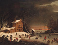 A winter landscape with skaters on a frozen waterway near a farmhouse - (after) Anthonie Beerstraten