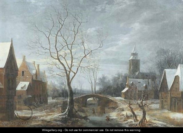 A winter landscape with figures on a frozen waterway in a village - (after) Anthonie Beerstraten