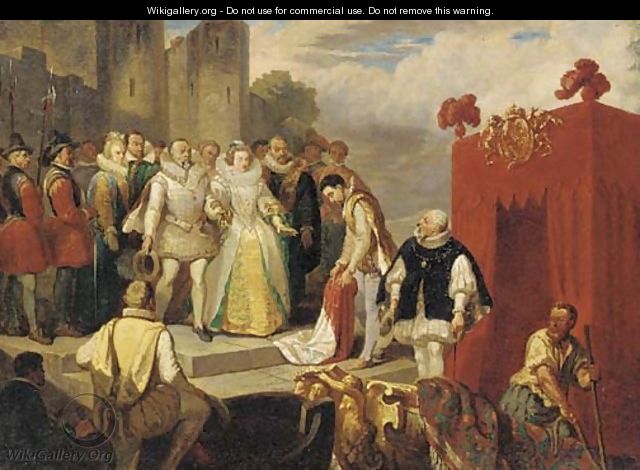 Sir Walter Raleigh laying down his cloak before Queen Elizabeth I - (after) Sir John Gilbert