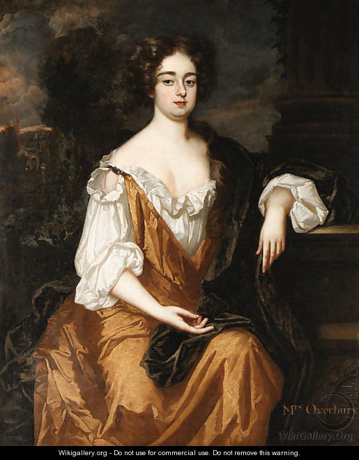Portrait of Mrs. Overbury, seated three-quarter length, wearing a gold dress with a brown cloak, a landscape with a parkland beyond - (after) Kneller, Sir Godfrey