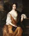 Portrait of Mrs. Overbury, seated three-quarter length, wearing a gold dress with a brown cloak, a landscape with a parkland beyond - (after) Kneller, Sir Godfrey