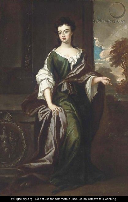 Portrait of Margaret, Countess of Ranelagh (1673-1727), full-length, in a green and white dress, burgundy wrap, a river landscape beyond - (after) Kneller, Sir Godfrey