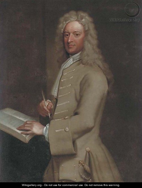 Portrait of John Morley (1656-1732), three-quarter-length, in a light brown jacket, holding a quill pen in his right hand - (after) Kneller, Sir Godfrey