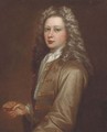 Portrait of Edmund Kershaw (b.1701), half-length, wearing an olive jacket, white cravat, and holding a silver box - (after) Kneller, Sir Godfrey