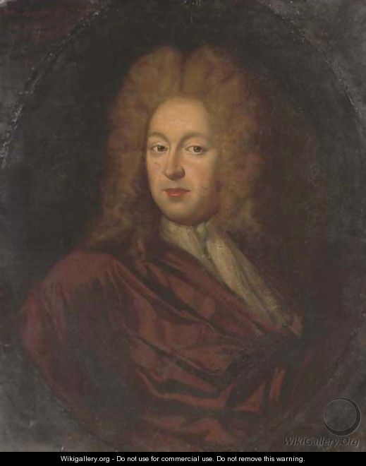 Portrait of Charles Taylor Esq. (1660-1736), bust-length, in a brown wrap and white stock, in a painted oval - (after) Kneller, Sir Godfrey