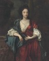 Portrait of a lady, standing three-quarter length, wearing a red and white dress with a blue wrap, her right arm on a ledge with an urn - (after) Kneller, Sir Godfrey