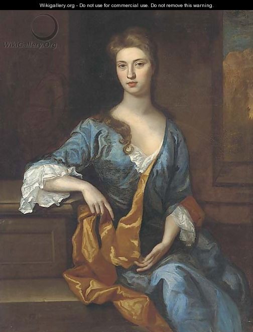 Portrait of a lady, seated three-quarter-length, in a blue dress and gold wrap, resting her arm on a plinth, a landscape beyond - (after) Kneller, Sir Godfrey