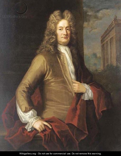 Portrait of a gentleman, traditionally identified as the Earl of March, three-quarter-length, in a brown coat and red wrap, a pavilion beyond - (after) Kneller, Sir Godfrey