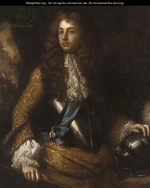 Portrait of a gentleman, three-quarter length, in a brown brocade coat and breastplate, a blue sash with the order of the white elephant - (after) Kneller, Sir Godfrey