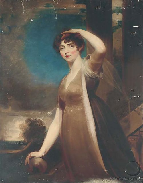 Portrait of a lady, three-quarter-length, in a brown dress, on the steps of a terrace, looking towards the artist - (after) Lawrence, Sir Thomas
