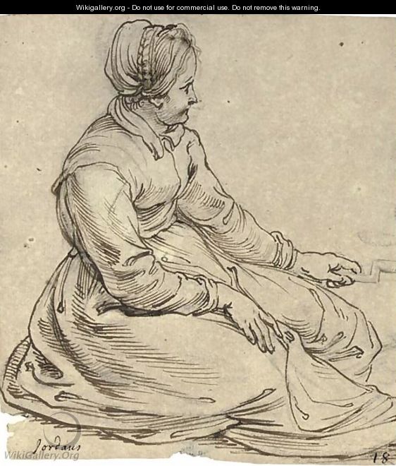 A seated girl wearing a cap, in profile to the right, turning a spit - (after) Sir Peter Paul Rubens