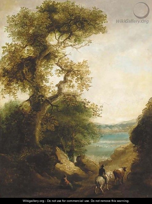 A drover on a wooded path with a lake beyond, a figure resting in the foreground - (after) Thomas Barker Of Bath