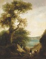 A drover on a wooded path with a lake beyond, a figure resting in the foreground - (after) Thomas Barker Of Bath