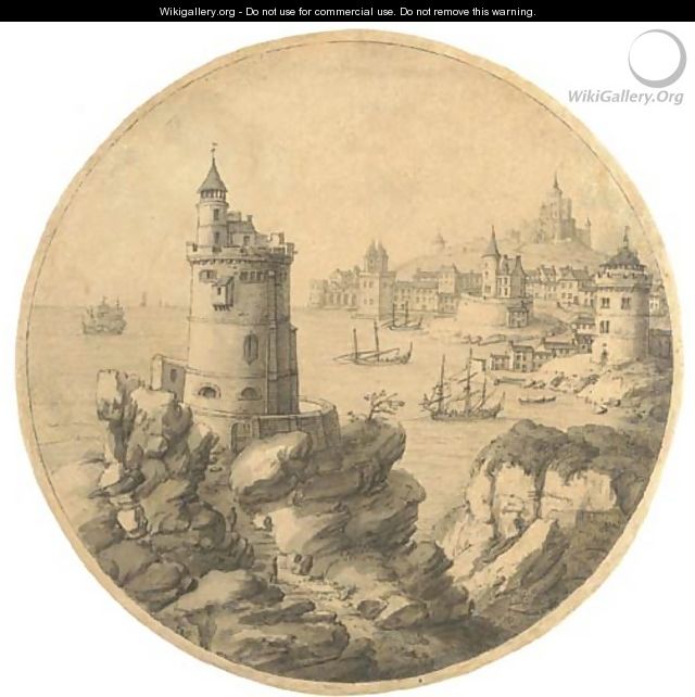 An imaginary coastal landscape with a tower, a port beyond - (after) Theodor Vercruys