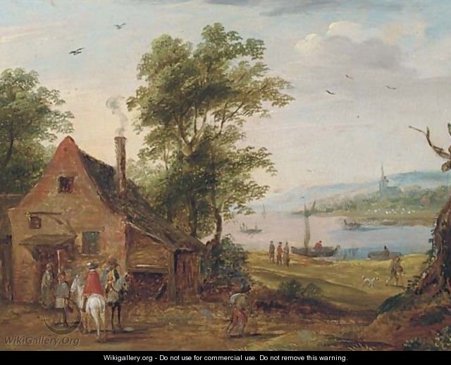 A river landscape with travellers halted at an inn - (after) Theobald Michau