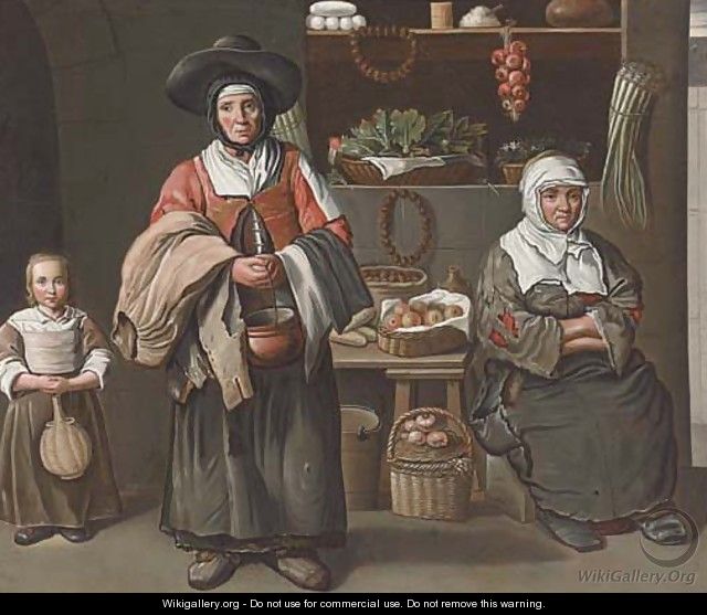 A young girl, a woman and an elderly woman selling vegetables, fruit, bread, nuts and wine - (after) The Maitre Des Jeux