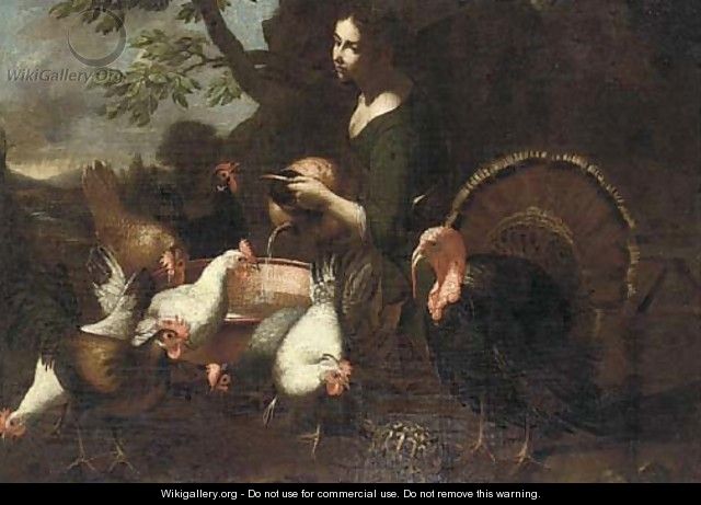 A girl watering chickens and cocks in a landscape, a turtle in the foreground - (after) Tommaso Salini (Mao)