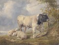 Sheep and a bull in a river landscape - (after) Thomas Sidney Cooper