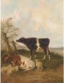 Cattle and sheep resting in a river landscape - (after) Thomas Sidney Cooper